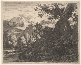 Tree with roots laid bare alongside a stream, a hilly landscape and a man walking behind q..., 1659. Creator: Karel Du Jardin.