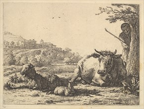 Cow, adult sheep, and young sheep lying in the grass; beyond, a shepherd stands partially ..., 1656. Creator: Karel Du Jardin.
