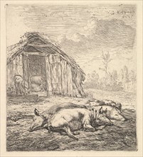 Three pigs lying on their sides, a pigsty and trough beyond, 1652. Creator: Karel Du Jardin.