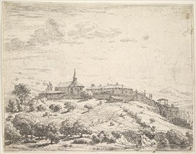 Walled village on a hill, with church at left and buildings constructed on the downslope a..., 1658. Creator: Karel Du Jardin.