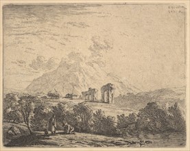 View of hillside with ruins (an aqueduct?) and mountain crag beyond, in the foreground a m..., 1658. Creator: Karel Du Jardin.