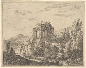View of ruins showing the corner of a building with two arched windows, in a landscape wit..., 1658. Creator: Karel Du Jardin.