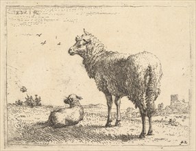 A mature sheep in three-quarters view standing and looking left, beside it a lamb lies..., ca. 1655. Creator: Karel Du Jardin.
