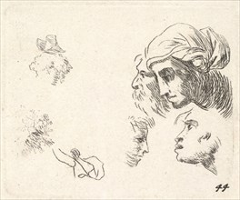 Study of heads in profile view, a woman with headcloth and bearded man whose heads ..., ca. 1641-78. Creator: Karel Du Jardin.