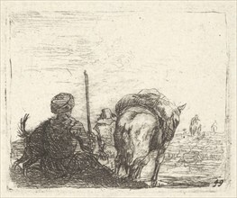 Pack-horse, seated man with staff in right hand, and dog, all viewed from the rear..., ca. 1641-78. Creator: Karel Du Jardin.