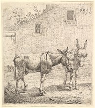 Two donkeys standing in a grassy yard, one in profile view facing right and another behind..., 1652. Creator: Karel Du Jardin.