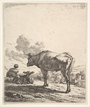 Cowherd with cow and calf on a hillside, the cowherd viewed from behind and seated in the ..., 1658. Creator: Karel Du Jardin.