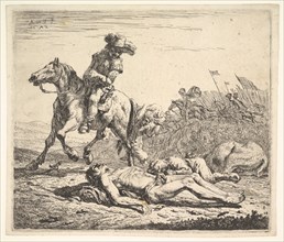 Battlefield with horseman looking over his left shoulder toward stripped corpse on the gro..., 1652. Creator: Karel Du Jardin.