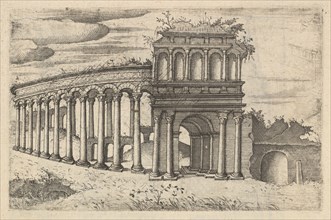 The Amphitheater in Bordeaux [Teatrum Bordeos; Transitorium Caesaris], from the series 'Ru..., 1554. Creator: Lambert Suavius.