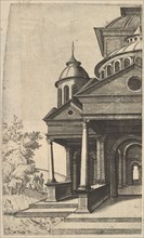Half of Building [Templum Saturni] from the series 'Ruinarum variarum fabricarum delineati..., 1554. Creator: Lambert Suavius.