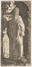 St. Paul standing under an overgrown arch, his left foot poised upon a rock, his right han..., 1545. Creator: Lambert Suavius.