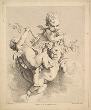 Three Cupids Playing with Vine Branches. Creator: Louis Felix de la Rue.