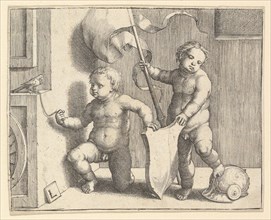 Two Nude Children Supporting a Blank Shield, ca. 1510. Creator: Lucas van Leyden.