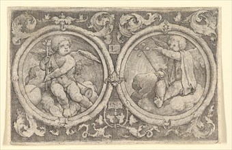 Two Putti Seated in Clouds in Circles with Tendrils, 1517. Creator: Lucas van Leyden.