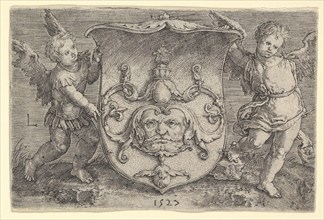 Coat of Arms with a Mask, Held by Two Genii, 1527. Creator: Lucas van Leyden.