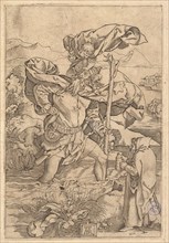 Saint Christopher crossing the river with Christ in the form of a putto on his sh..., ca. 1500-1534. Creator: Marcantonio Raimondi.