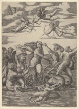 Galatea standing in a water-chariot pulled by two dolphins, surrounded by tritons, nere..., 1515-16. Creator: Marcantonio Raimondi.