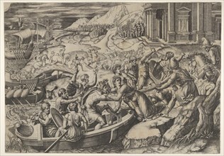 The abduction of Helen; battle scene on a shore with two men pulling Helen into a b..., ca. 1520-27. Creator: Marcantonio Raimondi.