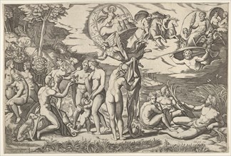 Judgment of Paris: Paris extends his hand toward Venus, who stands between Juno and..., ca. 1520-50. Creator: Marcantonio Raimondi.