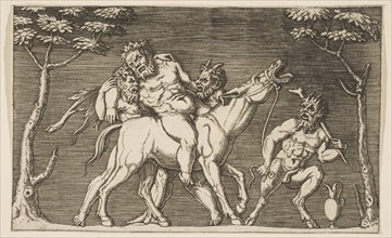 Two satyrs placing Silenus on a braying mule and a third satyr at right, ca. 1515-27. Creator: Attributed to Marco Dente