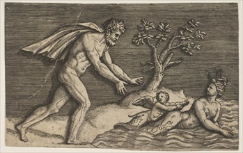 A naked man pursing a naiad and a cupid into the water, ca. 1515-27. Creator: Marco Dente.
