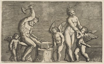 Vulcan seated hammering on an anvil flanked by Venus and three cupids, ca. 1515-27. Creator: Marco Dente.