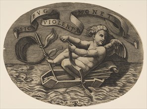 Eros escaping by sea using his bow to propel a boat made from his quiver with an ar..., ca. 1515-27. Creator: Marco Dente.