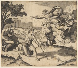 God appearing to Isaac; God floating in clouds pointing toward Rebecca seated under..., ca. 1515-27. Creator: Marco Dente.