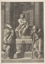 Saint Joseph at left and a bishop at right standing before the altar of the Virgin ..., ca. 1515-27. Creator: Marco Dente.