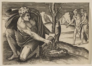 A man kneeling next to a basket of fish and taking one with both hands, two men at ..., ca. 1515-27. Creator: Marco Dente.