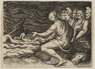 A group of figures at right witnessing a shipwreck, ca. 1515-27. Creator: Marco Dente.