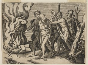 A group of men at right pushing philosophers toward a fire with burning books at th..., ca. 1515-27. Creator: Attributed to Marco Dente
