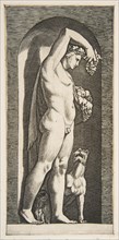 Bacchus standing in a niche holding grapes in his raised right hand, fruit in his l..., ca. 1515-27. Creator: Marco Dente.