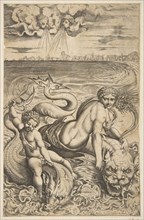 Venus and Cupid riding two sea monsters, Cupid raises an arrow in his right hand, t..., ca. 1515-27. Creator: Marco Dente.