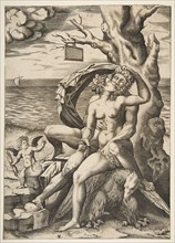 Jupiter and Semele embracing, an eagle beneath them, a tree at right with a blank t..., ca. 1515-27. Creator: Marco Dente.