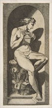 Olympus naked seated on a tree stump holding pipes, set within a niche, ca. 1515-27. Creator: Marco Dente.
