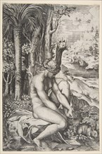 Venus removing a thorn from her left foot while seated on a cloth next to trees, a ..., ca. 1515-27. Creator: Marco Dente.