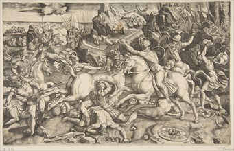 Battle scene in a landscape with soldiers on horseback and several fallen men, another..., ca. 1520. Creator: Marco Dente.