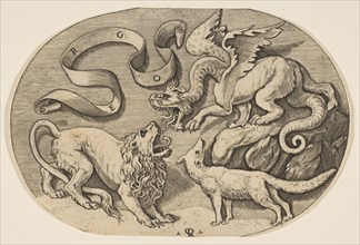 A lion, dragon and fox fighting each other, an inscribed banderole above, an oval c..., ca. 1515-27. Creator: Marco Dente.