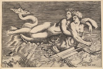 Speculum Romanae Magnificentiae: A Triton Carrying off a Nymph, 16th century. Creator: Marco Dente.