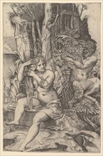 Pan spying on the nymph Syrinx who is seated on a rock, combing her hair, ca. 1516-20. Creator: Marco Dente.