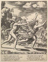 Apollo chasing Daphne who throws her arms up, in the background at right shows the mome..., 1530-60. Creator: Master of the Die.
