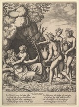 Daphne embracing her father, the river-god Peneus, at the left three nymphs bring jars ..., 1530-60. Creator: Master of the Die.