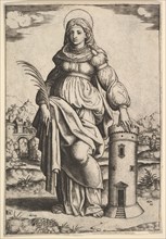 Saint Barbara standing, palm in her right hand, resting her left hand on a tower, 1530-60. Creator: Master of the Die.