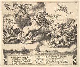 Apollo in his horse-drawn chariot at the left, above him above Jupiter hurls a thunderb..., 1530-60. Creator: Master of the Die.