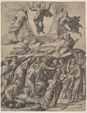 The Transfiguration of Christ who appears upper centre, below him various figures inclu..., 1530-60. Creator: Master of the Die.