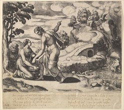 Venus ordering Psyche to take water from a fountain guarded by dragons, from the 'Fable..., 1530-60. Creator: Master of the Die.