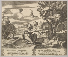 Plate 14: Cupid airborne fleeing from Psyche, from 'The Fable of Psyche', 1530-60. Creator: Master of the Die.