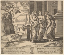 Plate 15: Psyche relating her misfortunes to her sisters, from The Fable of Psyche, 1530-60. Creator: Master of the Die.