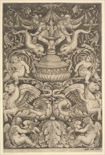 A panel of ornament with a large jar in centre, putti and other figures, 1530-60. Creator: Master of the Die.